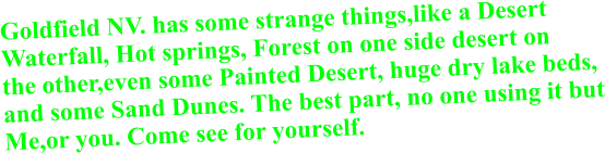 Goldfield NV. has some strange things,like a Desert Waterfall, Hot springs, Forest on one side desert on the other,even some Painted Desert, huge dry lake beds, and some Sand Dunes. The best part, no one using it but Me,or you. Come see for yourself.